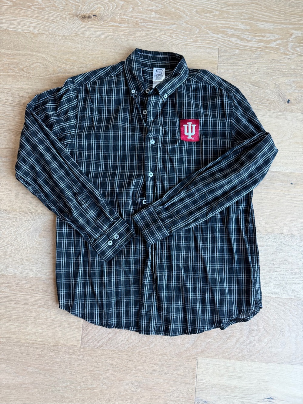 Pro Edge Black Plaid Button-Down Shirt with Red IU logo